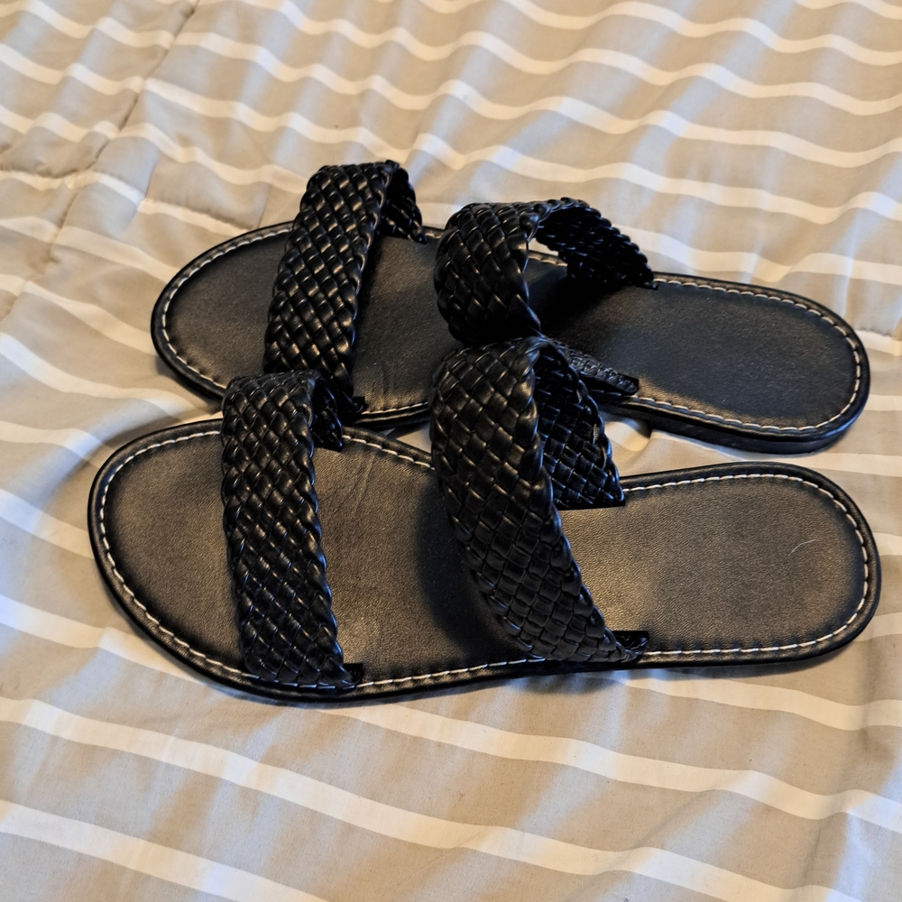 Black Braided Double-Strap Slide Sandals - Women